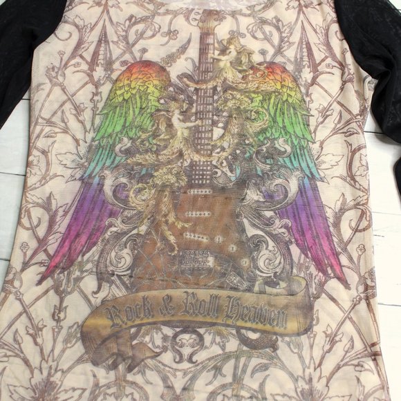 Vintage Womens Graphic Mesh T Shirt Top Size M Tattoo Art Guitar Wings - Picture 4 of 7